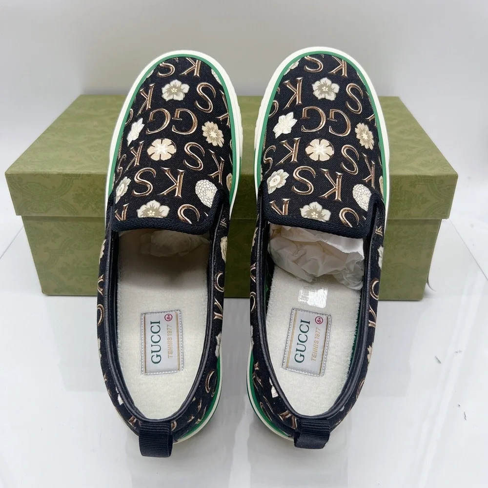 GUCCI Tennis 1977 Sneaker Ken Scott Print Mens Loafer Black White UK 8.5 US 9